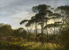 A painted wooded landscape with tall umbrella pines and a cloudy sky.